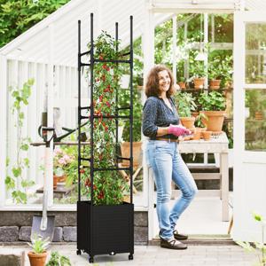 Verhoogde Plantenbak op Wielen met Trellis Automatisch Bewaterend Tuinbed met 3 Hoogtes Verwijderbare Metalen Buizen voor Klimplanten