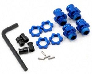 Traxxas - Wheel hubs, splined, 17mm, short (2), long (2)/wheel nuts, splined, 17mm (4) (blue-anodized)/ hub retainer M4x0.7 (4)/axle pin (4)/wrench...