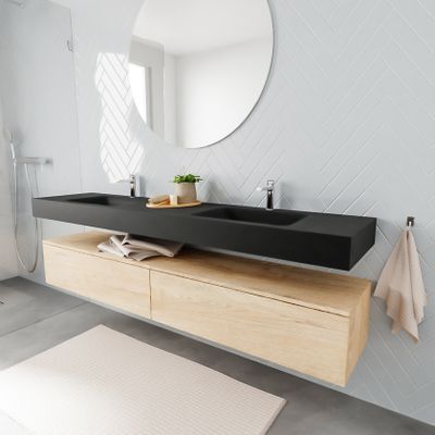 Mondiaz Alan badmeubel 200 cm washed oak 2 lades vrijhangend wastafel dubbel 2 kraangaten zwart
