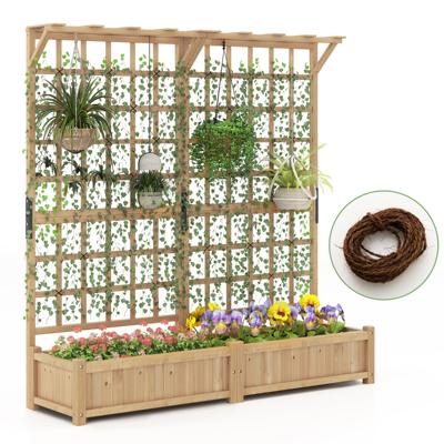 180 cm Grote Houten Plantenbak met Latwerk Hangend Blad Twee Plantenbakken vier Afwateringsgaten en Verwijderbaar Bodempaneel