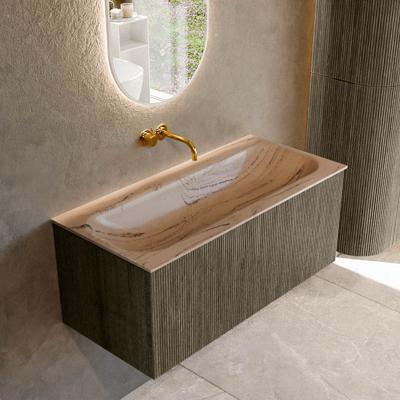 Badmeubel Mondiaz Kurve-Dlux | 100 cm | Meubelkleur Shadow | Wastafelkleur Arena | Solid surface | Wasbak midden spoelbak | Zonder kraangat(en)