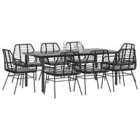 9-delige Tuinset met kussens poly rattan glas zwart