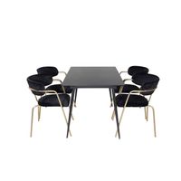 SilarBLExt eethoek eetkamertafel uitschuifbare tafel lengte cm 120 / 160 zwart en 4 Arrow eetkamerstal velours zwart.