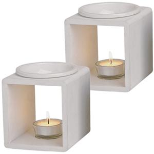 Geurbrander voor amberblokjes/geurolie/waxmelts - 2x - keramiek - wit - 11 x 11 x 13 cm