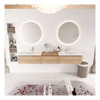 Mondiaz Bukla 220cm badmeubel met module 60 kleur washed oak met 3 lades wastafel dubbel 2 kraangaten kleur talc