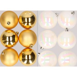 12x stuks kunststof kerstballen mix van goud en parelmoer wit 8 cm