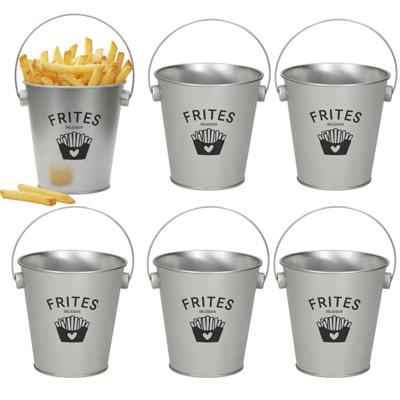 Gerimport Patat serveer emmertje - 6x - frites - zilver - metaal - 10 x 10 cm - serveren