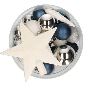 Decoris pakket 33x stuks kunststof kerstballen met ster piek blauw/wit/zilver