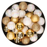 Decoris Mini kerstballen - 28x - parelmoer wit en goud - D3cm - kunststof - kleine balletjes