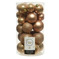 30x Camel bruine kerstballen 4 - 5 - 6 cm kunststof mat/glans/glans/glitter - Kerstbal
