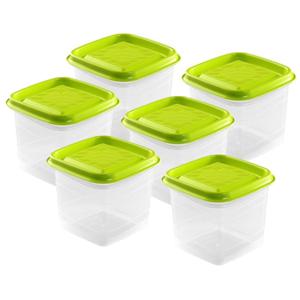 Vershoudbakjes Hega - set van 6x stuks - 0.7 liter - transparant/lime groen - L11 x B11 x H12 cm