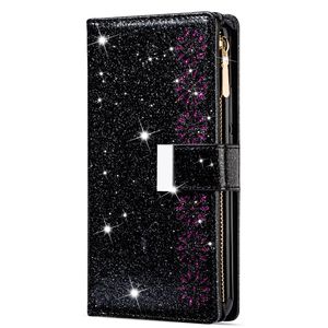 Samsung Galaxy A72 hoesje - Bookcase - Koord - Pasjeshouder - Portemonnee - Glitter - Bloemenpatroon - Kunstleer - Zwart