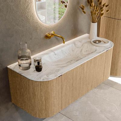 Badmeubel Mondiaz Kurve-Dlux | 120 cm | Meubelkleur Oak | Wastafelkleur Glace | Solid surface | Midden spoelbak | Zonder kraangat(en)
