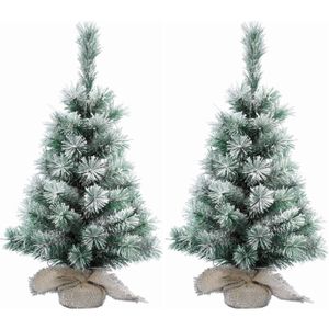 2x Stuks mini kerstboom met sneeuw 35 cm in jute zak