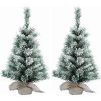 2x Stuks mini kerstboom met sneeuw 35 cm in jute zak - thumbnail