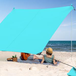 Strandtent 200 x 200 cm Zonnetent met Zandankers Zandzakken en 2 Steunstangen Draagbare Zonwering Zonnedak voor Strand Picknick (Turquoise)