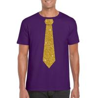 Paars fun verkleedkleding t-shirt - met stropdas - in glitter goud - heren - korte mouwen