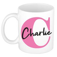 Naam mok Charlie - roze - wit - keramiek - 300 ml - verjaardag/cadeau beker