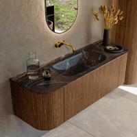 Mondiaz KURVE-DLUX 140 cm Onderkast Greeploos 1 Lade Met Deuren Walnut, Wastafel Solid Surface Midden Lava 0 Kraangaten Zonder Spiegel (KRVBGS140L+R1L2D0KM-Wal/Lav)