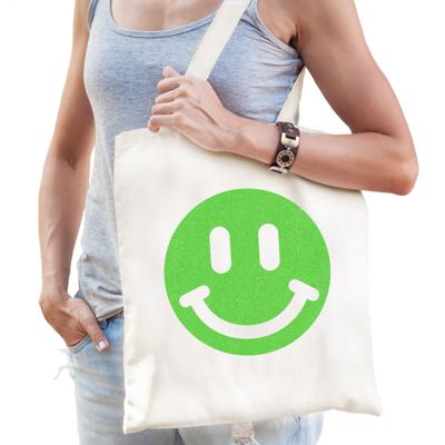 Cadeau tas voor dames - glitter Smile Emoticon - wit - katoen - 42 x 38 cm - Moederdag - verjaardag