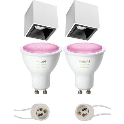 Pragmi Cliron Pro - Opbouw Vierkant - Mat Wit/Zwart - Verdiept - 90mm - Philips Hue - Opbouwspot Set GU10 - White and Color Ambiance - Bluetooth