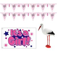 Geboorte baby meisje thema versiering - 4 artikelen - roze - binnen - slingers - vlag - ooievaar