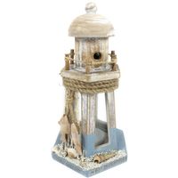 Maritieme decoratie beeldje Vuurtoren theelichthouder - Hout - 21 cm - blauw/wit