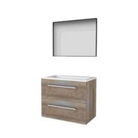 Basic-Line Framed 46 Badkamermeubelset - 80 x 46 cm - Met Grepen - 2 Lades - Acryl Wastafel - Zonder Kraangat - Spiegel met Zwart Aluminium Frame - Scotch Oak