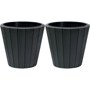 Prosperplast Plantenpot/bloempot Wood Style - 2x - buiten/binnen - kunststof - antraciet - D49 x H45 cm - Plantenpotten