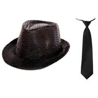 Carnaval verkleed set glitter hoed en stropdas zwart - Verkleedhoofddeksels - thumbnail