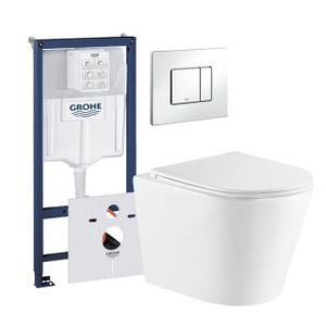 QeramiQ Dely Toiletset - Grohe inbouwreservoir - witte bedieningsplaat - toilet - zitting - mat wit 0720003/0729205/sw543432/