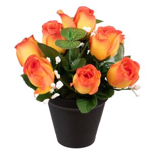 Kunstbloemen klein boeketje rozen in pot - oranje - H25 cm - Bloemstuk - Bladgroen