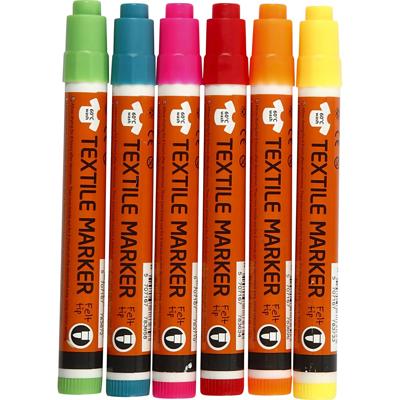 Textielstiften, lijndikte 2-4 mm, neon kleuren, 6 stuk/ 1 doos