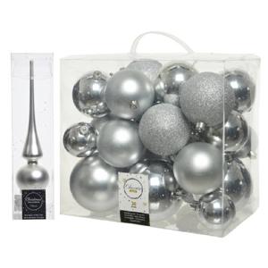 Kerstversiering kunststof kerstballen met piek zilver 6-8-10 cm pakket van 27x stuks - Kerstbal