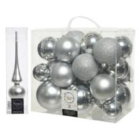 Kerstversiering kunststof kerstballen met piek zilver 6-8-10 cm pakket van 27x stuks - Kerstbal - thumbnail