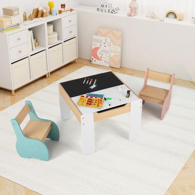 Houten 3-delige Kindertafel- en Stoelenset Kindermeubelset Met Opbergruimte Blauw+Roze