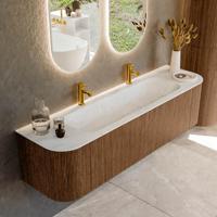 Mondiaz KURVE-DLUX 170 cm Onderkast Greeploos 1 Lade Met Deuren Walnut, Wastafel Solid Surface Midden Opalo 2 Kraangaten Zonder Spiegel (KRVBGL170L+R1L2D2KM-Wal/Opa)