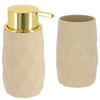 Badkamer accessoire set - tandenborstelbeker en zeeppomp Diamond - beige - kunststof