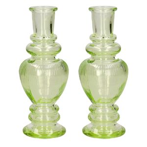 Bloemenvaas Venice - 2x - voor kleine stelen/boeketten - gekleurd glas - ribbel lichtgroen - D5,7 x