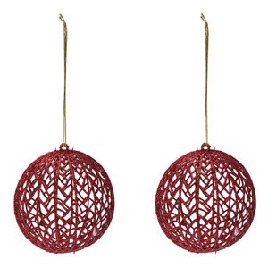 2x Rode glitter draad/rotan look kerstballen kunststof 9 cm