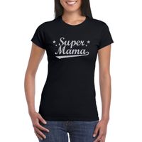 Super mama cadeau t-shirt met zilveren glitters op zwart voor dames - thumbnail