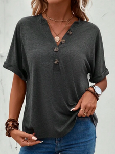 Loose Casual Half Button Batwing Sleeve Tee