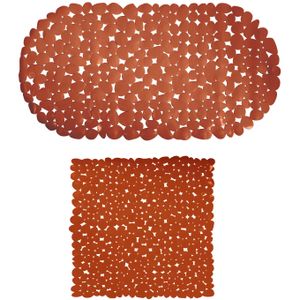 MSV Douche/bad anti-slip matten set badkamer - pvc - 2x stuks - terracotta - 2 formaten