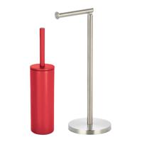 Badkamer accessoires set - WC-borstel/toilet rollen houder - metaal/porselein - rood