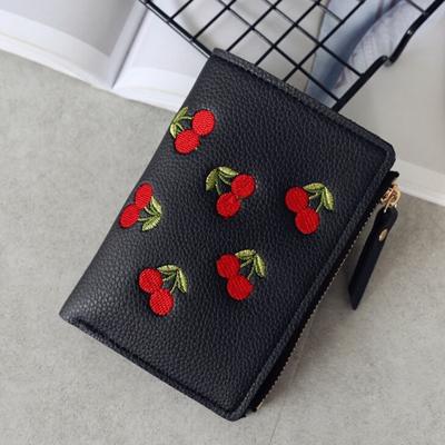 PU lederen Cherry borduurwerk Coin Purse kaarthouders (zwart)
