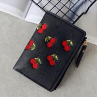 PU lederen Cherry borduurwerk Coin Purse kaarthouders (zwart)