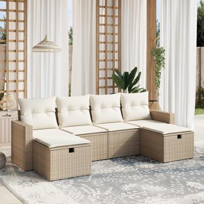 6-delige Loungeset met kussens poly rattan beige