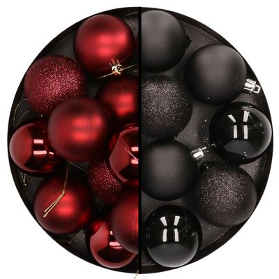 24x stuks kunststof kerstballen mix van donkerrood en zwart 6 cm