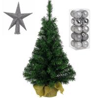 Volle kunst kerstboom 45 cm in jute zak inclusief zilveren versiering 21-delig - Kunstkerstboom - thumbnail