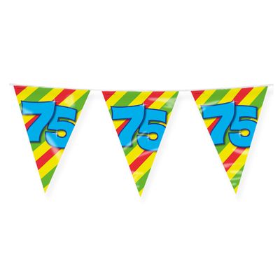 Verjaardag 75 jaar thema Vlaggetjes - Feestversiering - 10m - Folie - Dubbelzijdig Verjaardag 75 jaar thema Vlaggetjes - Feestversiering - 10m - Folie - Dubbelzijdig